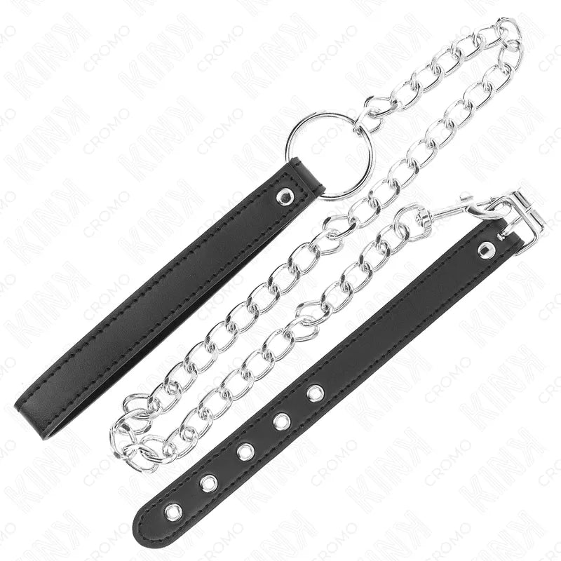 Anneau pénien cuir noir ajustable BDSM, chaîne argentée, boucle réglable, haute qualité, confort et sécurité.