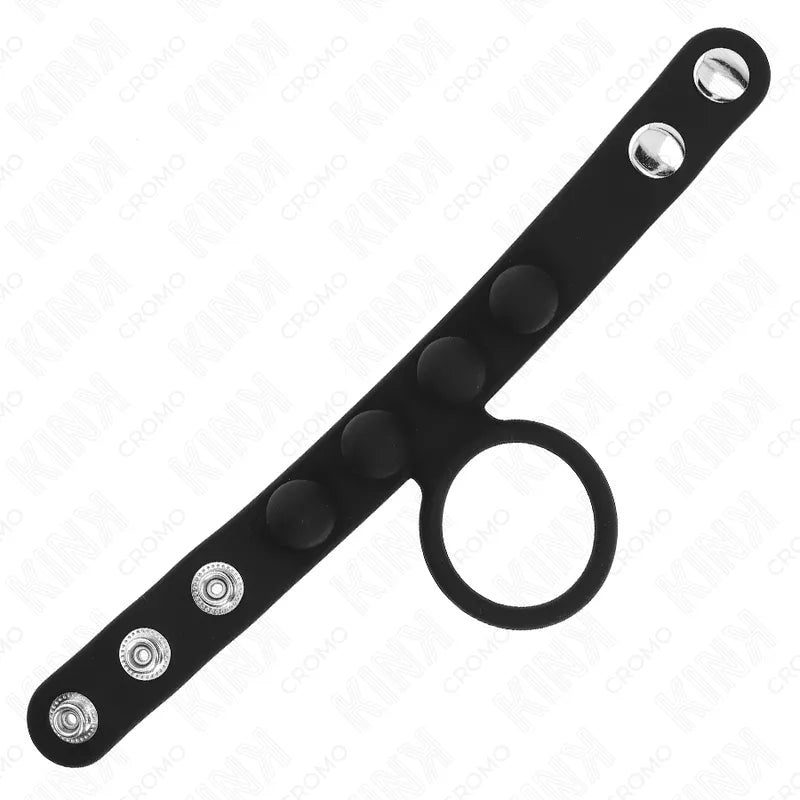 Anneau pénien en cuir noir ajustable avec boutons-pression, design élégant pour pratique BDSM, qualité supérieure.
