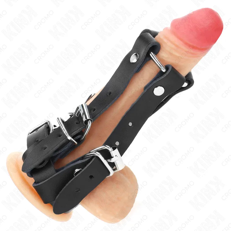 Anneaux péniens BDSM en cuir noir ajustable avec boucles métalliques, confortables et durables pour expériences sensuelles.