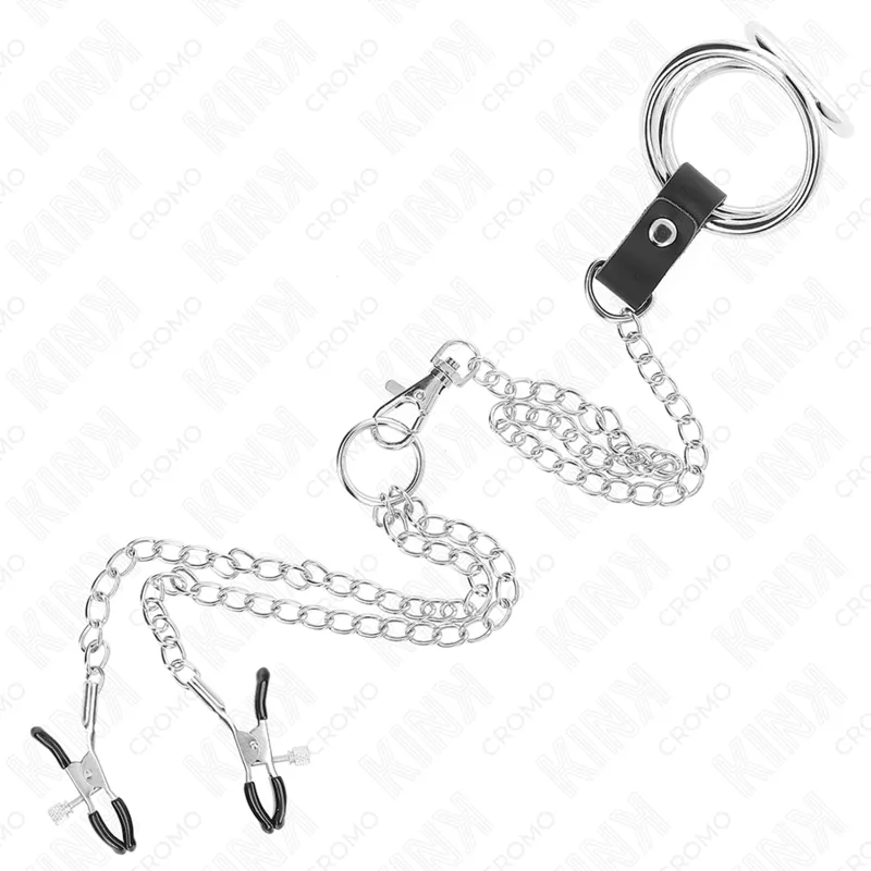 Anneau pénien BDSM en cuir noir et métal argenté avec chaînes et pinces, élégance et robustesse pour plaisir intense.