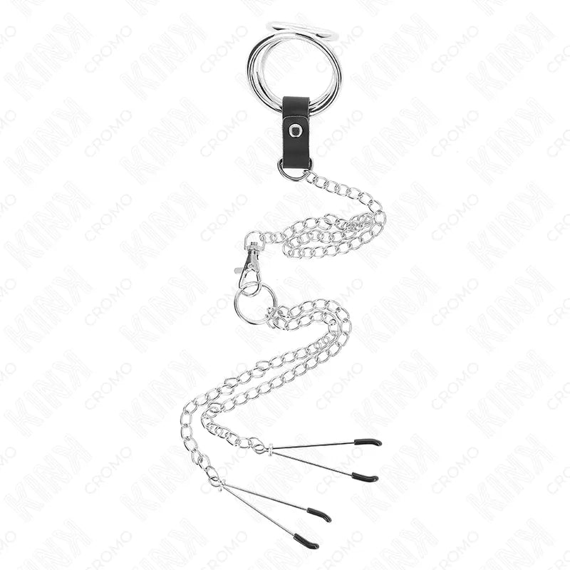 Anneau pénien cuir ajustable noir avec chaînes métalliques, accessoire BDSM haut de gamme pour sensations intenses.