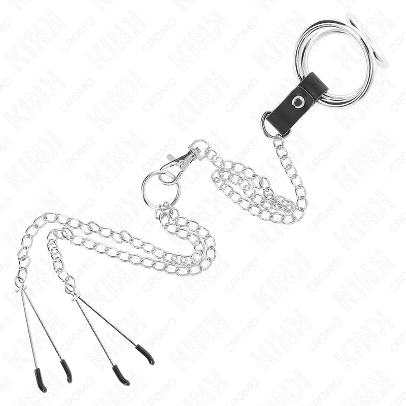Anneaux péniens en cuir noir ajustables avec chaînes métalliques, accessoire BDSM pour confort et maîtrise optimale.