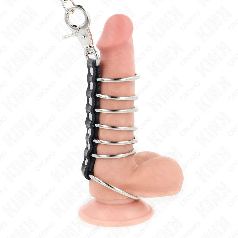 Anneaux péniens réglables en cuir noir, design BDSM, sur support en silicone, fermoir métallique, confort et contrôle.