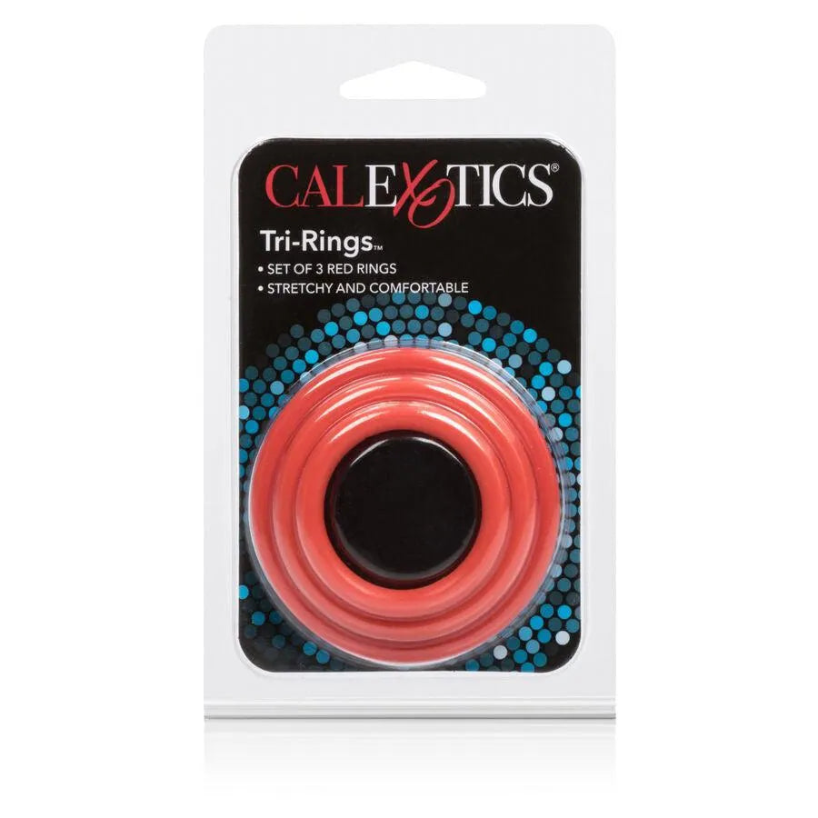 Anneaux pénis silicone rouges, souples, en paquet de trois, pour fermeté et érections durables, sans latex ni phtalates.