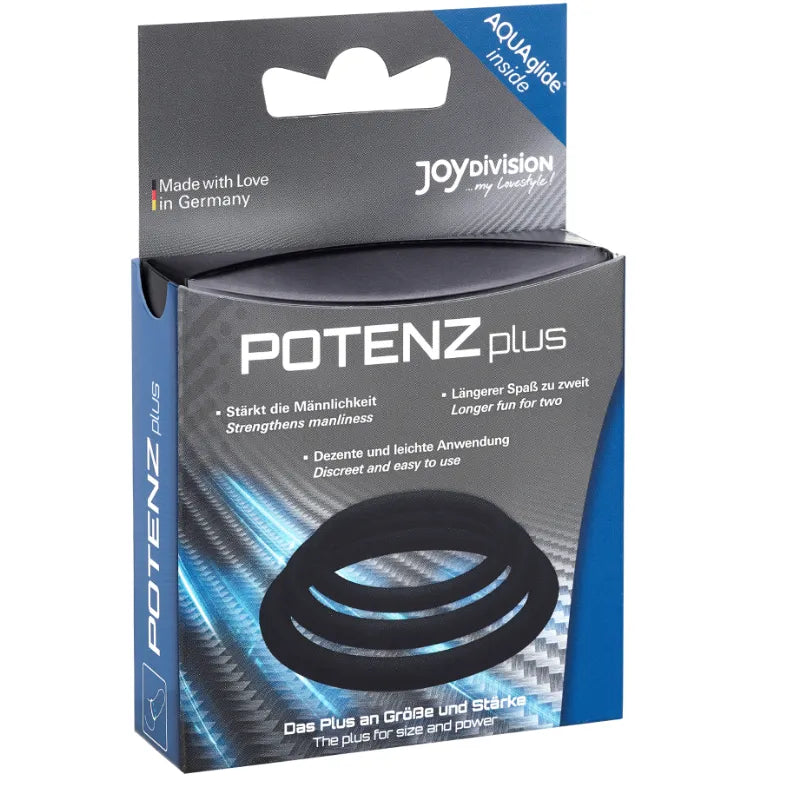Anneaux pénis silicone noir hypoallergénique, confortables, sans BPA, dans emballage bleu et noir, pour intensifier érecti...