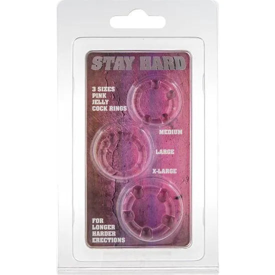 Anneaux pénis silicone roses, trois tailles, pour retarder l'éjaculation et prolonger l'érection, emballage transparent.