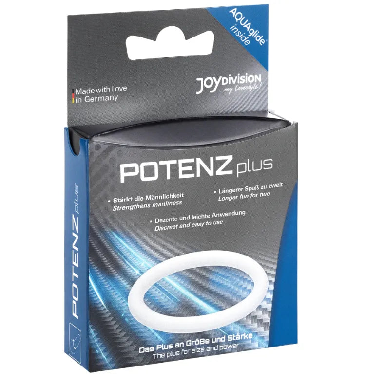 Anneau pénis testicules en silicone médical blanc, emballage bleu, amélioration érection et sensibilité.
