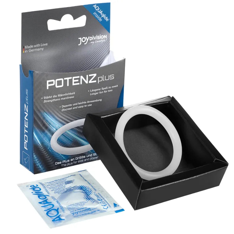 Anneaux pénis testicules en silicone médical, couleur blanche, dans un emballage noir, pour intensifier l'expérience intime.