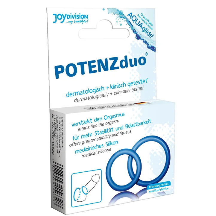 Anneau pénis bleu double stimulation pour couples, silicone médical, emballage blanc et bleu, intensifie l'intimité.