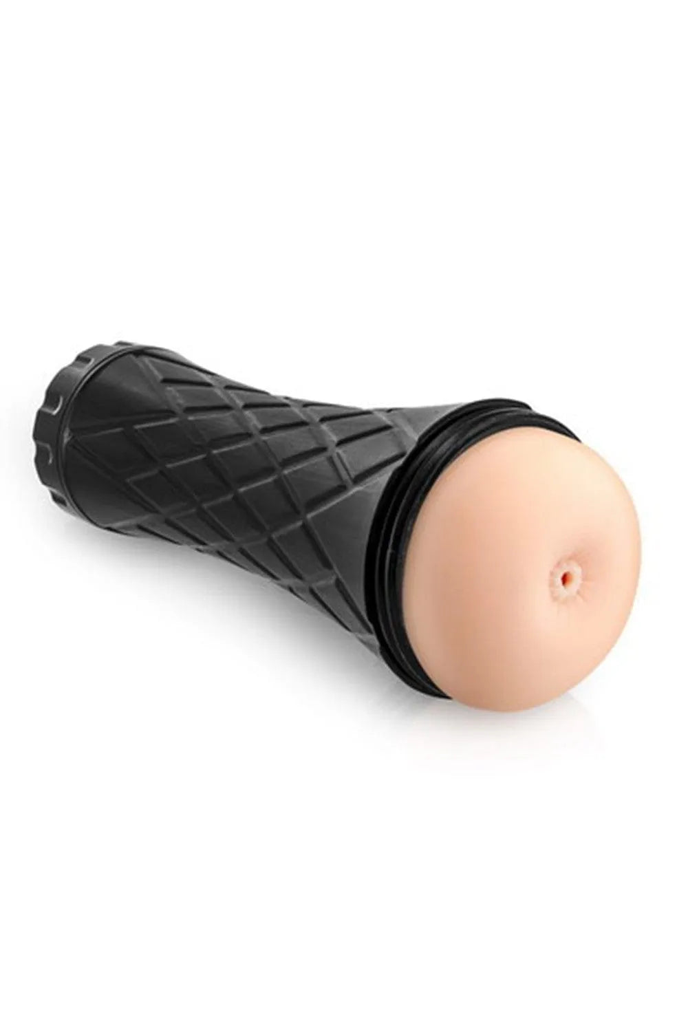Masturbateur anus réaliste beige dans une coque noire texturée avec capuchon, jouet discret et confortable.