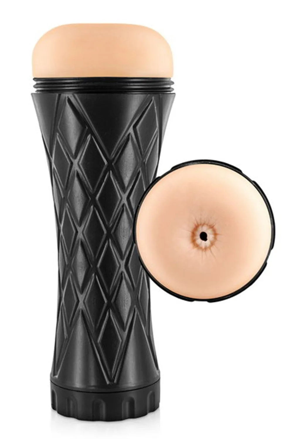 Anus masturbateur réaliste en silicone doux, gaine amovible beige, étui noir texturé, capuchon discret.