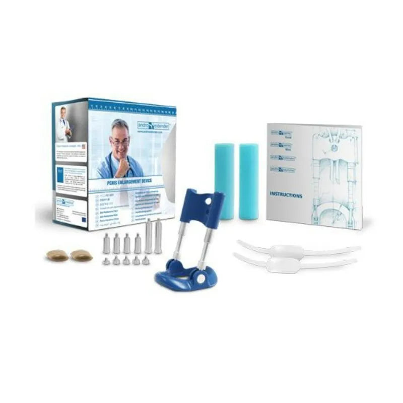 Appareil d'allongement pénien Andro Extender bleu avec accessoires et boîte, dispositif médical certifié CE.