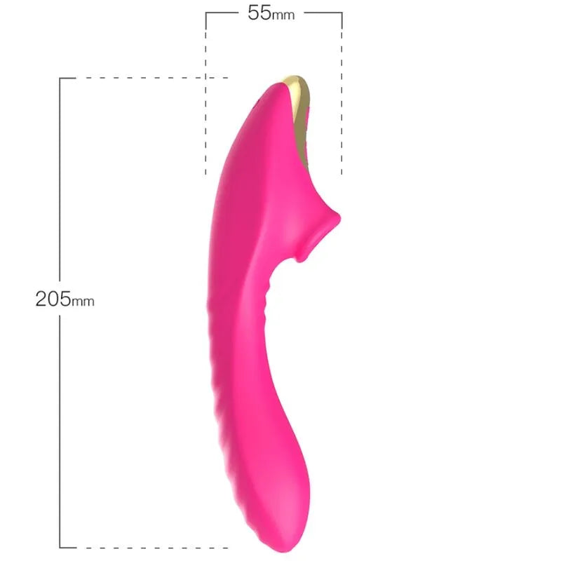Appareil d'aspiration clitoridienne rose, forme ergonomique, silicone médical, 9 modes, étanche, 205mm x 55mm.