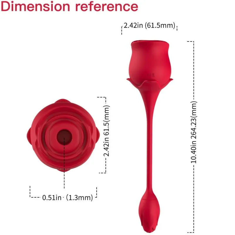 Appareil aspiration clitoridienne rouge en silicone médical, forme de rose, étanche, dimensions indiquées.