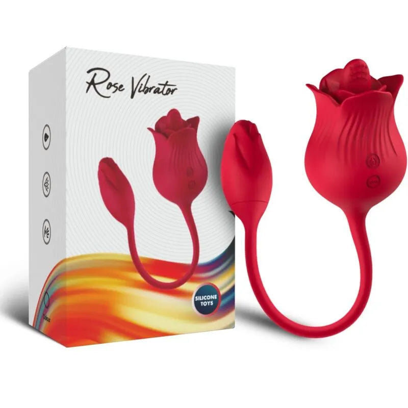 Appareil clitoridien rouge en silicone en forme de rose avec télécommande, 10 modes de vibration, étanche, sur fond blanc.