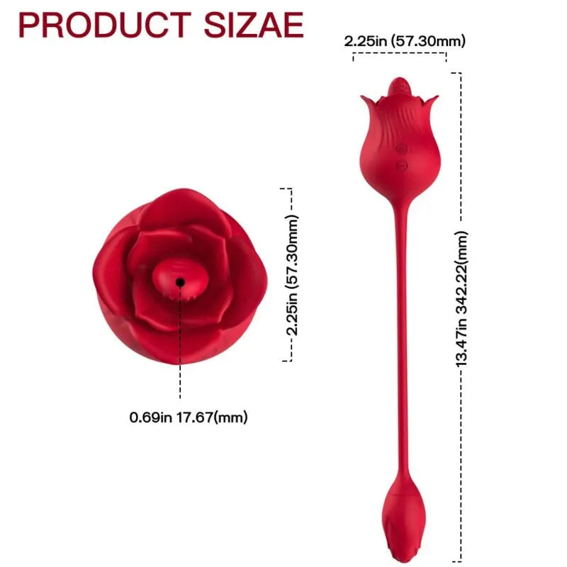 Appareil clitoridien rouge en silicone, forme de rose, étanche, avec 10 modes de vibration, dimensions indiquées.