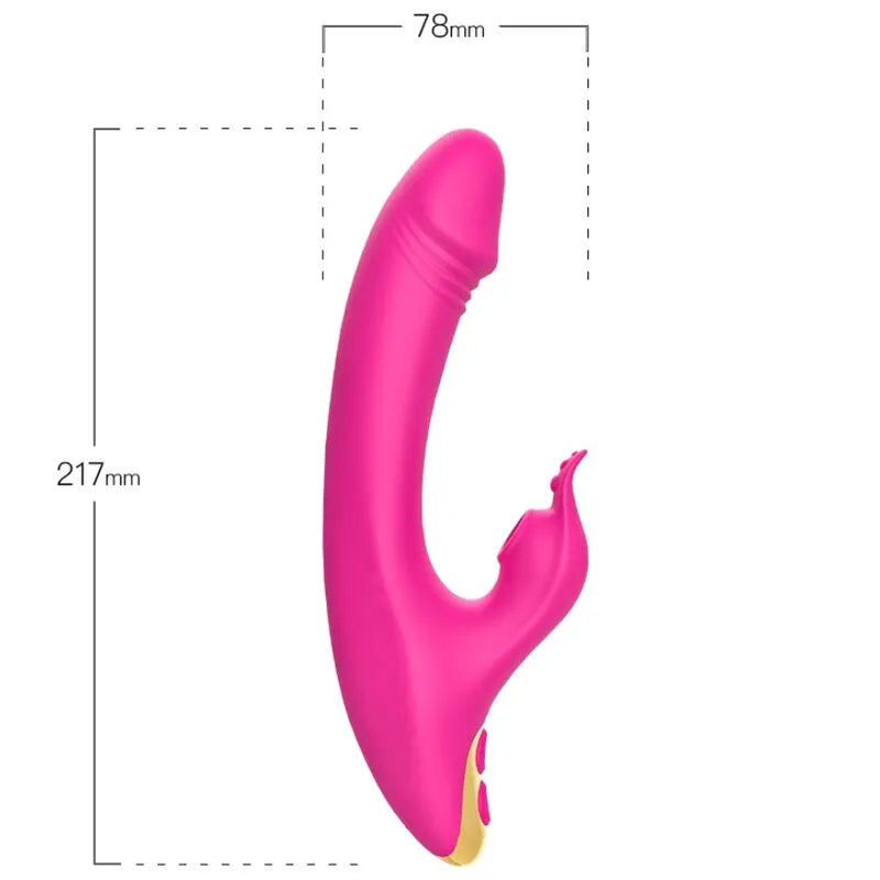 Appareil d'aspiration clitoridienne rose en silicone, étanche, 9 modes, design ergonomique, dimensions 217x78mm.