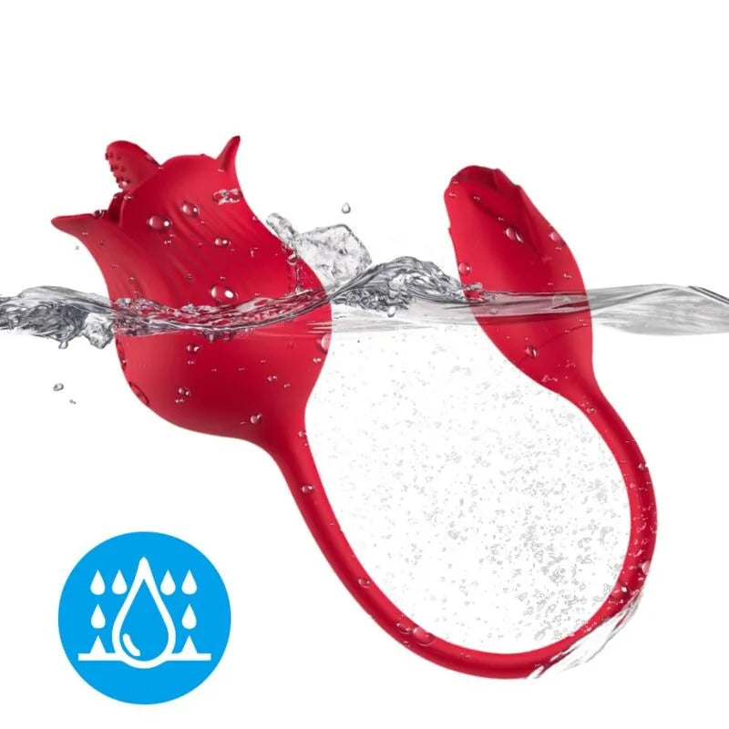 Appareil clitoridien rouge en silicone étanche, forme de fleur, immergé dans l'eau, avec icône étanchéité.