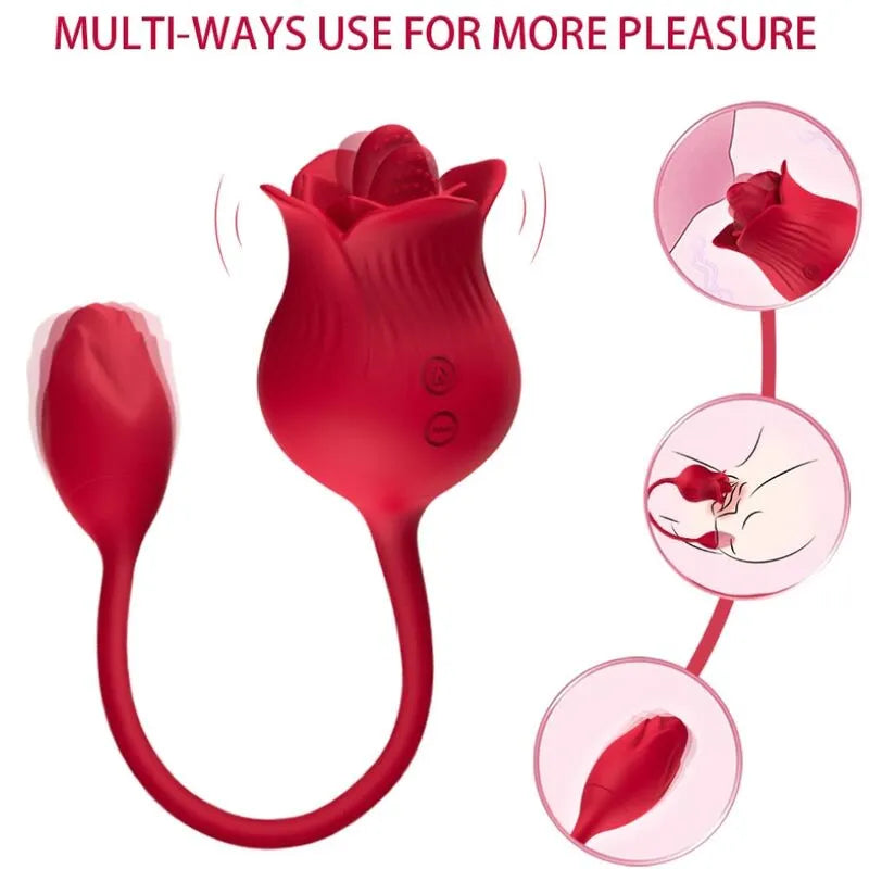 Appareil clitoridien étanche rouge en silicone, forme de rose, 10 modes de vibration, design ergonomique et élégant.
