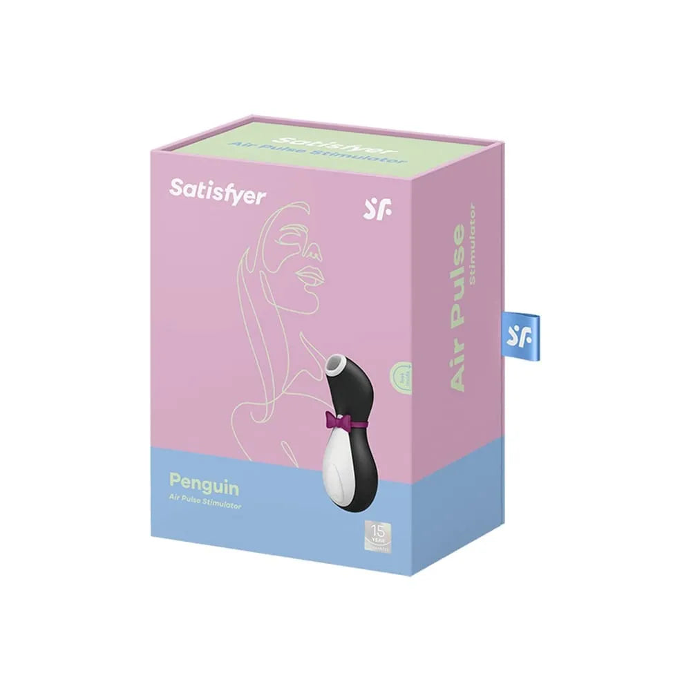 Stimulateur clitoridien Aspire Clito en forme de pingouin noir avec nœud papillon, dans boîte rose et bleue Satisfyer.