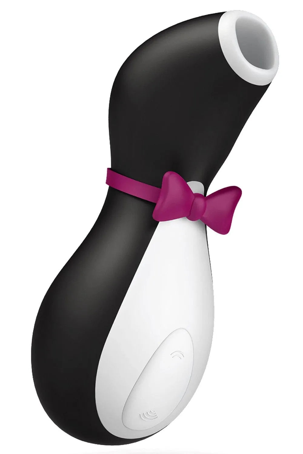 Stimulateur clitoridien Aspire Clito noir et blanc, forme de pingouin avec nœud papillon rose, silicone doux.