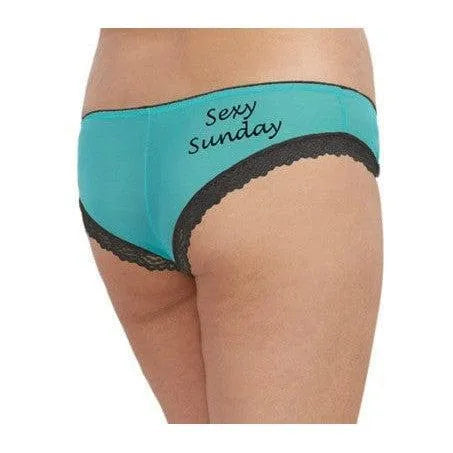 Shorty en résille turquoise avec dentelle noire et inscription sexy Sunday, élégant et confortable pour le week-end.