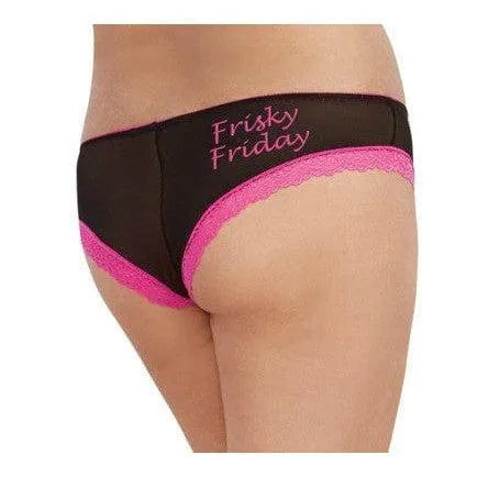 Shorty noir en résille avec dentelle rose et inscription Frisky Friday, élégant et confortable pour le week-end.