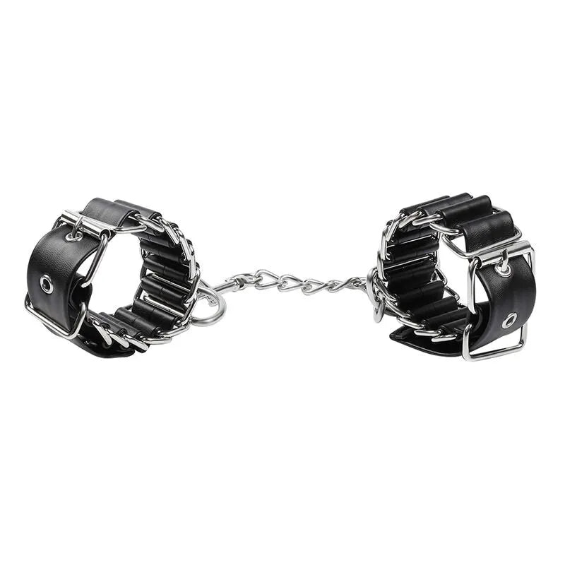 Attaches de poignet BDSM en métal et PVC noir, réglables, avec chaîne centrale, pour jeux de rôle sécurisés.
