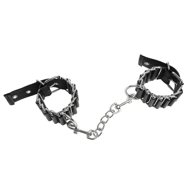 Attaches de poignet BDSM réglables en métal noir et argent, avec chaîne centrale, pour jeux de rôle sécurisés et confortab...