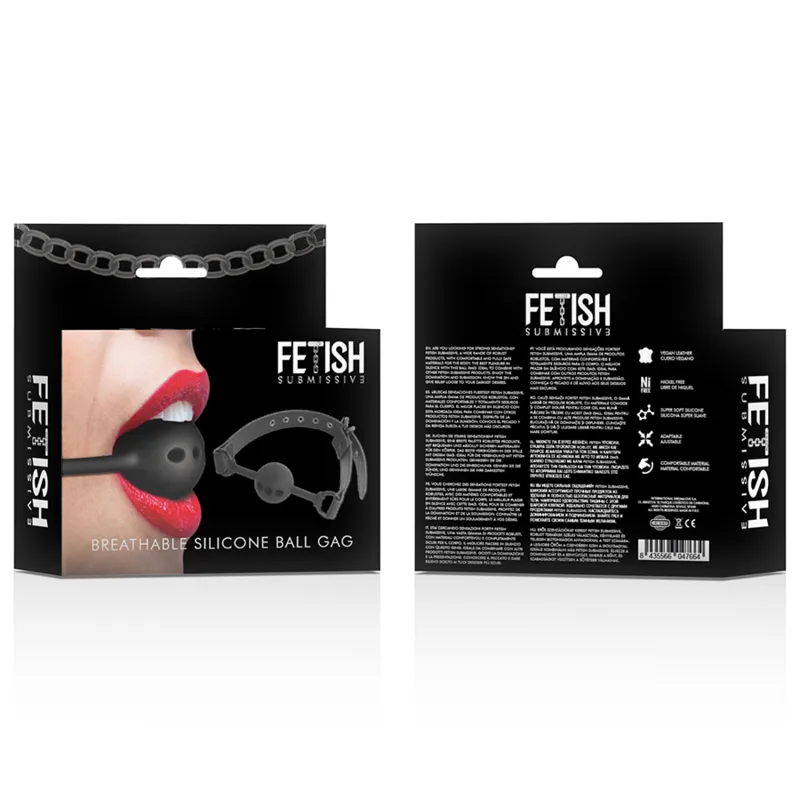 Bâillon boule silicone noir respirant, ajustable, pour jeux BDSM, présenté dans un emballage élégant et moderne.