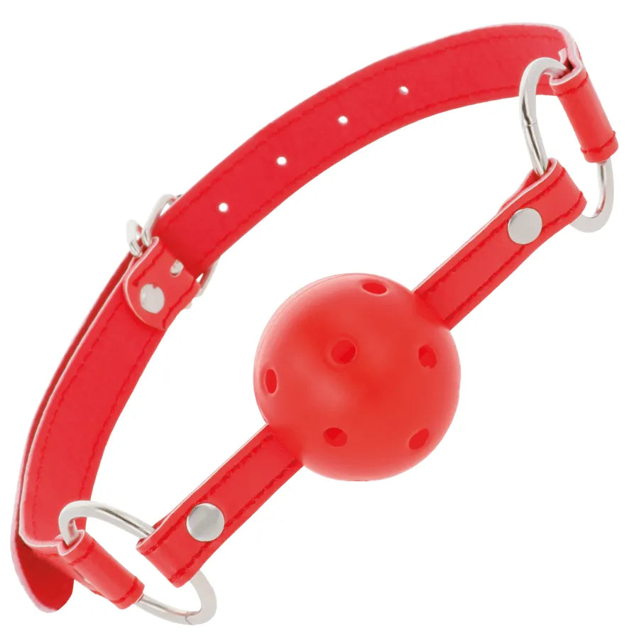 Bâillon boule rouge en cuir imperméable avec lanières réglables et trous d'aération, accessoire BDSM.