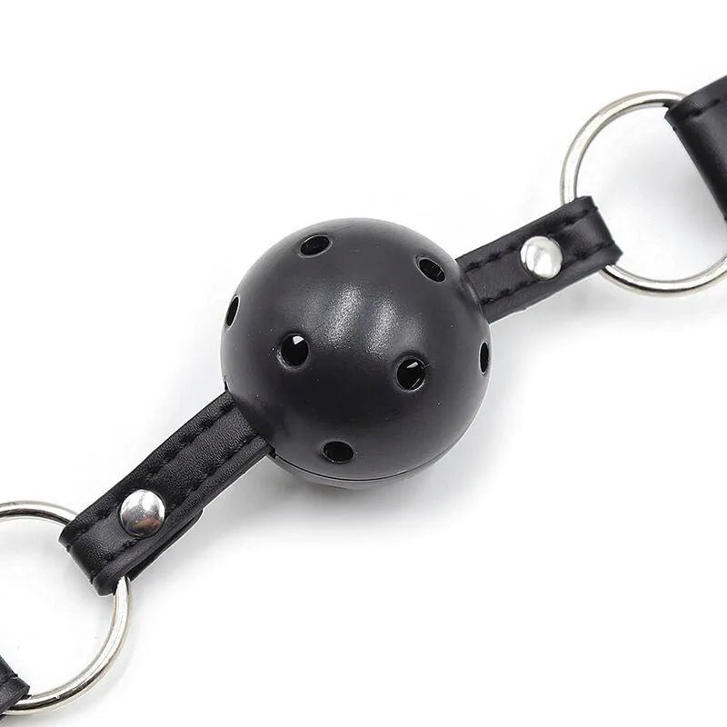 Bâillon-boule noir en acier inoxydable avec pinces, accessoire sensoriel, durable et sécurisé pour expériences intimes.
