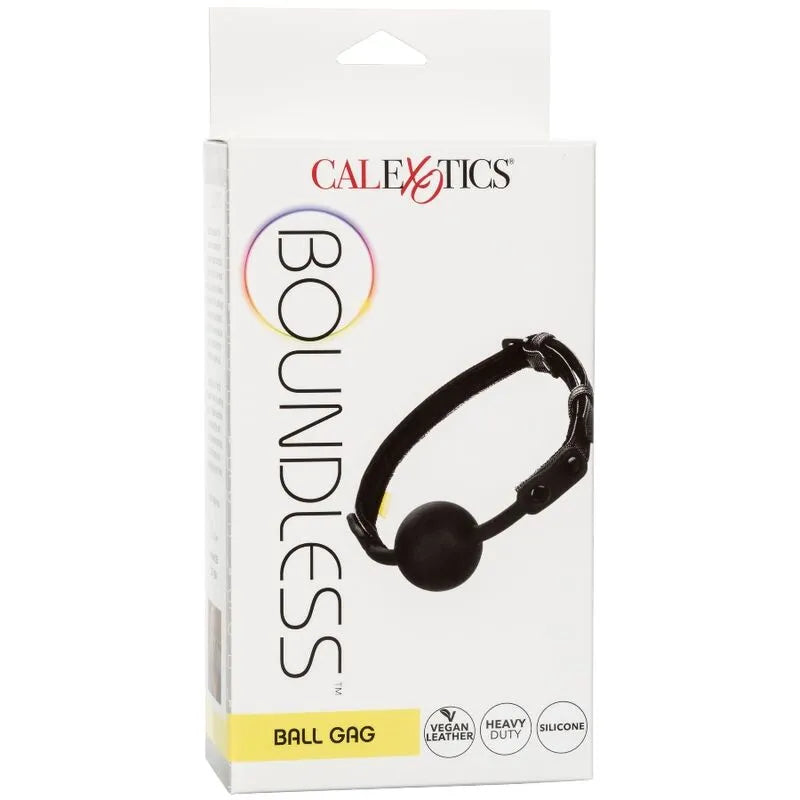 Bâillon boule en silicone noir avec bracelet en cuir végétalien, emballage blanc, éthique et confortable.