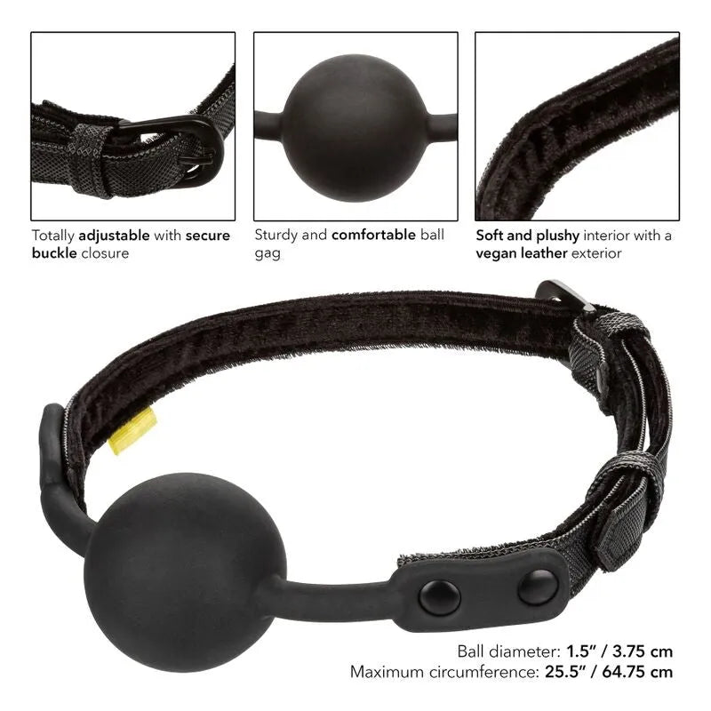 Bâillon boule en silicone noir, cuir végétalien, ajustable, confortable, sans cruauté, pour moments intimes éthiques.