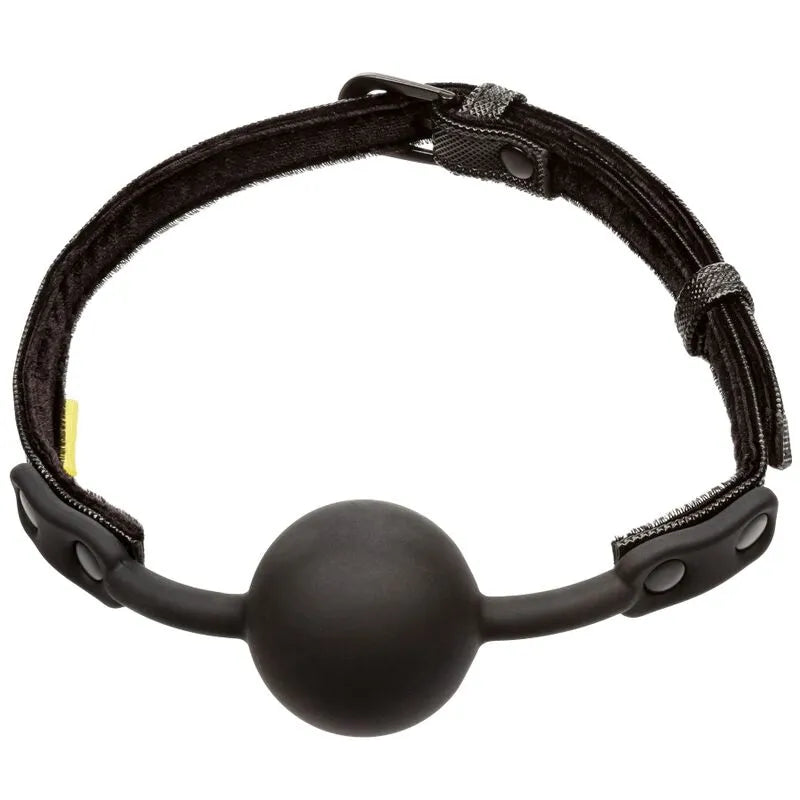 Bâillon boule en silicone noir avec bracelet en cuir végétalien, design sans cruauté pour confort et éthique.