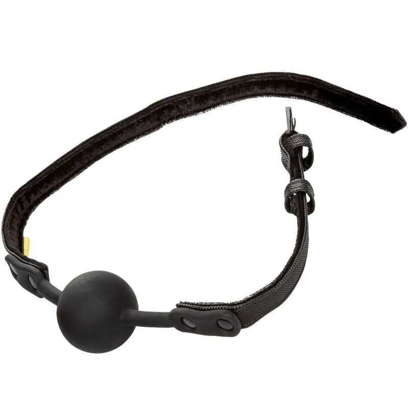 Bâillon boule en silicone noir avec bracelet en cuir végétalien, design sans cruauté pour confort et éthique.