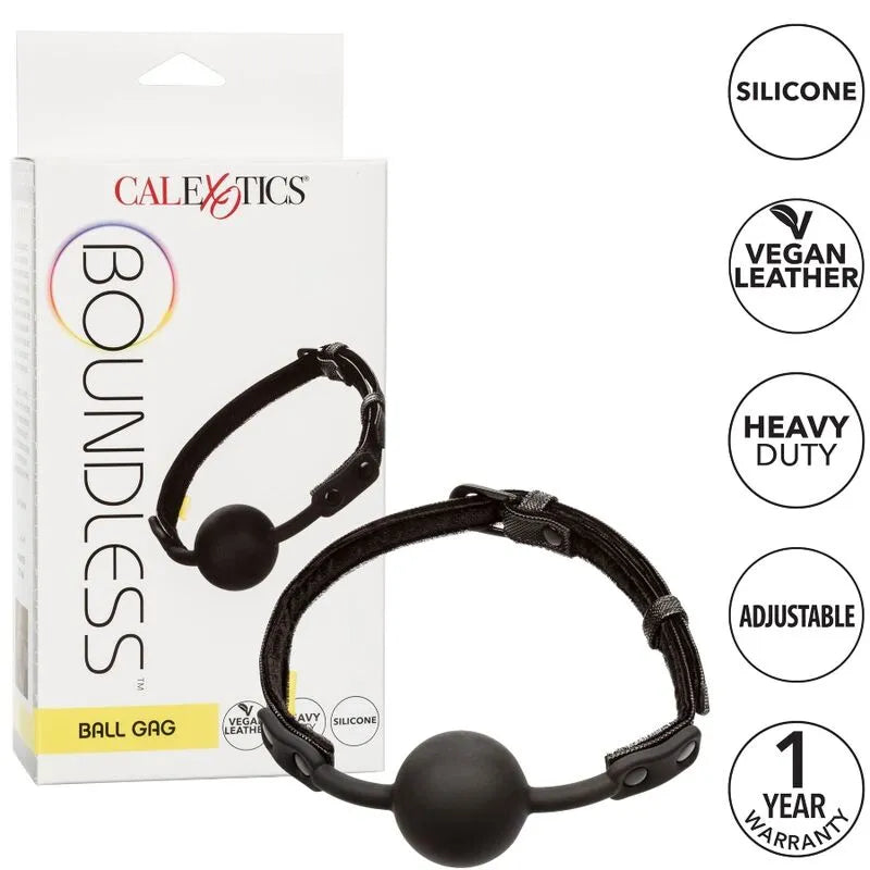 Bâillon boule en silicone noir, bracelet cuir végétalien, double couture, emballage blanc, éthique et durable.