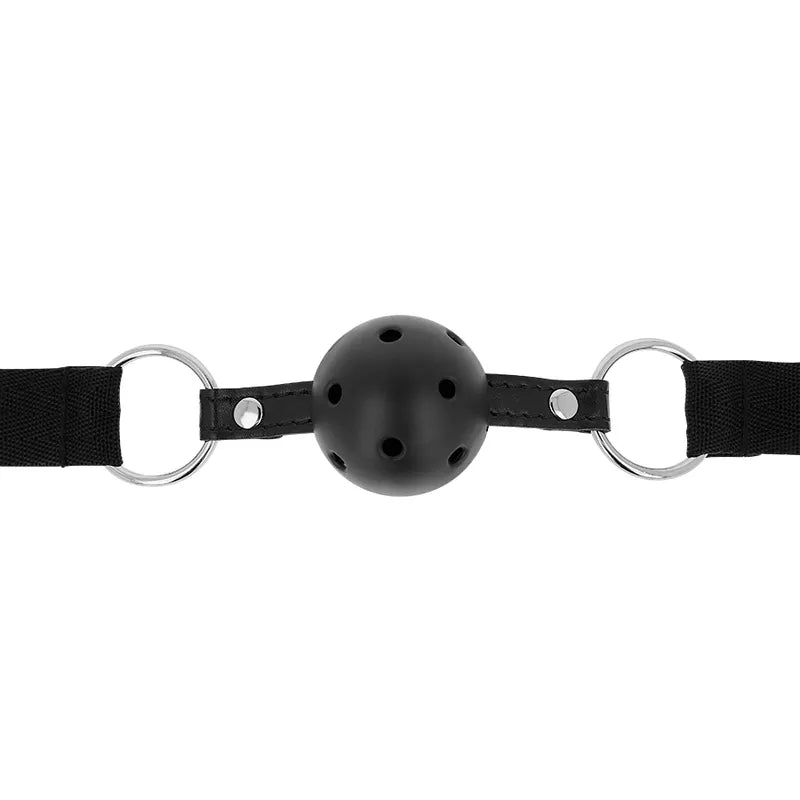 Bâillon boule noir respirant BDSM, boule 4,5 cm avec trous, sangle ajustable, anneaux métalliques, accessoire fétichisme.
