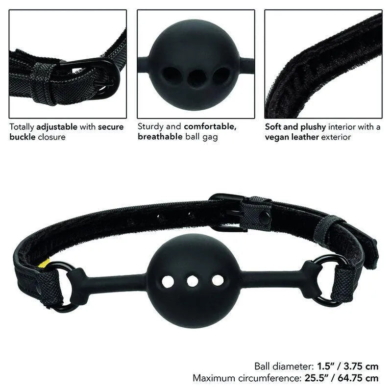 Bâillon boule respirant noir en silicone avec lanières en cuir végétalien, ajustable, pour jeux de retenue érotique.