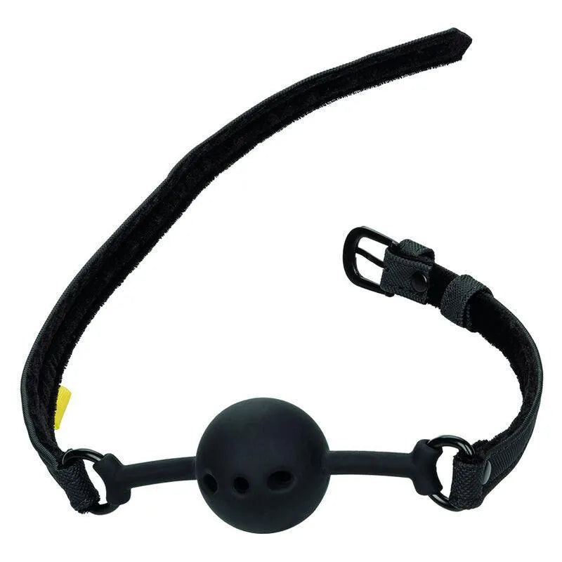Bâillon boule noir en silicone respirant avec lanières en cuir végétalien et boucle réglable pour jeux érotiques.