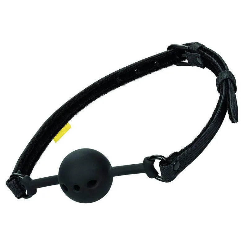 Bâillon boule noir en silicone respirant avec lanières en cuir végétalien et boucle réglable pour jeux de retenue.