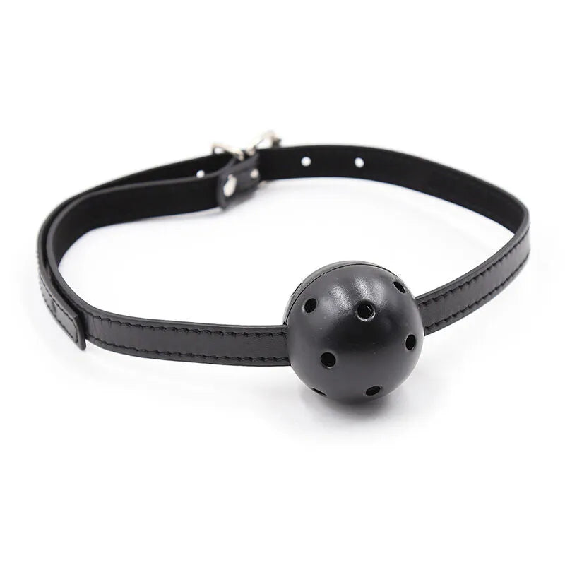 Bâillon boule noir Ohmama sans phtalates, design ergonomique, sangle réglable, idéal pour jeux de rôles sécurisés.
