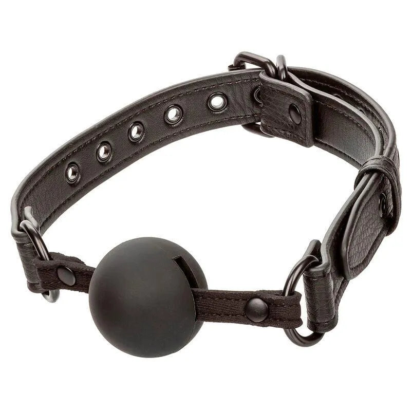 Bâillon boule noir en silicone réglable avec sangle en cuir, boucle robuste, pour confort et sécurité BDSM.