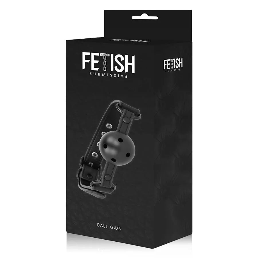 Bâillon cuir vegan noir réglable avec trous de respiration, emballage élégant, accessoire BDSM confortable et sûr.