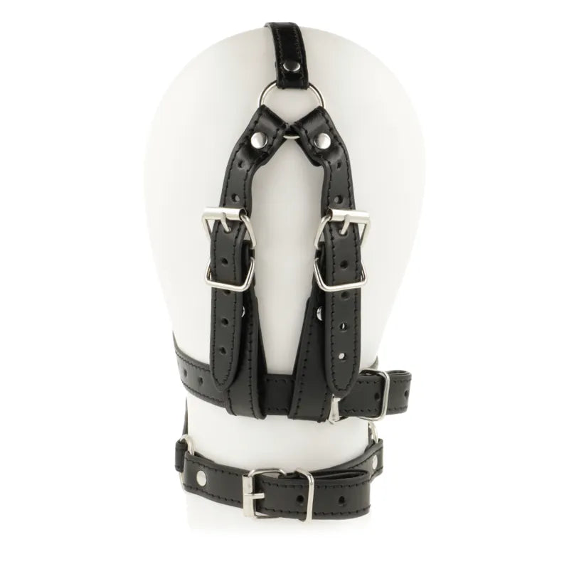 Bâillon en cuir noir avec sangles réglables, accessoire fétichiste Ohmama, confort et style pour jeux sensuels.