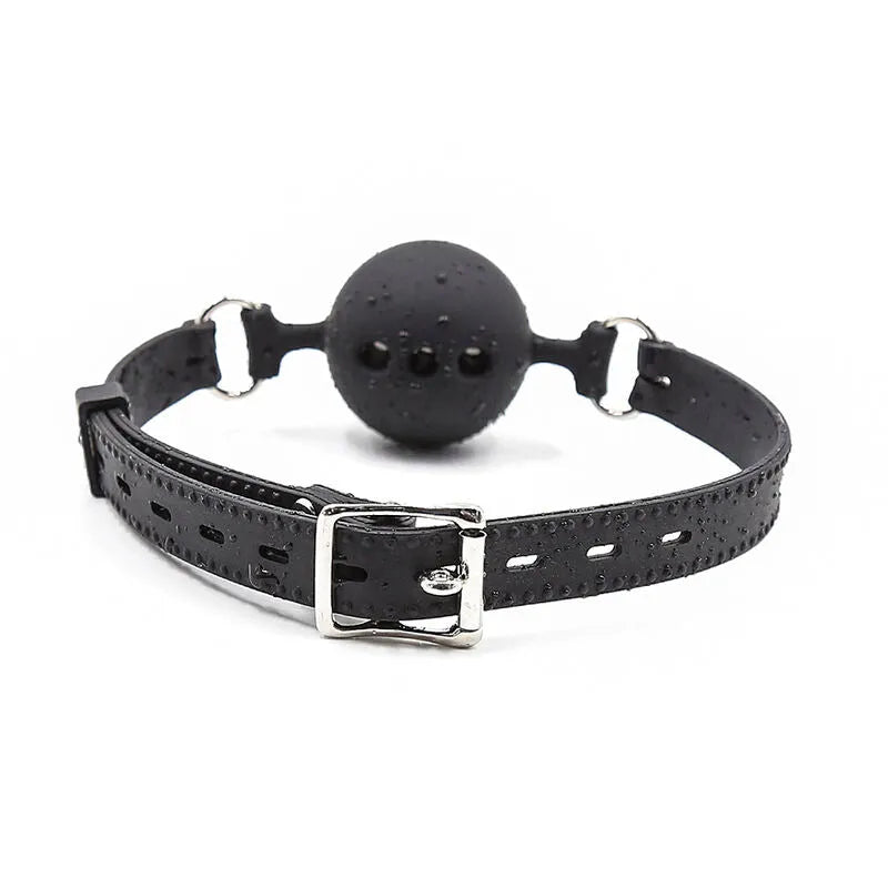 Bâillon en silicone noir hypoallergénique Ohmama avec bretelles réglables et boucle métallique, design ergonomique.