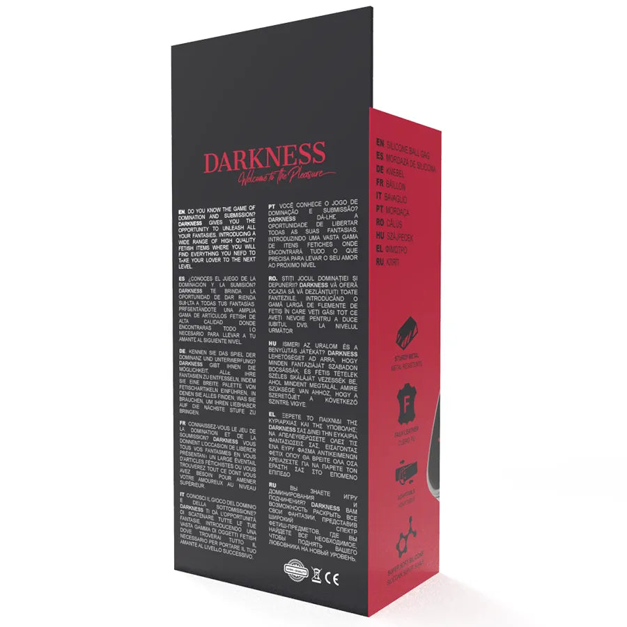 Bâillon en silicone noir pour jeux BDSM, avec lanières en cuir robustes, emballage élégant noir et rouge.