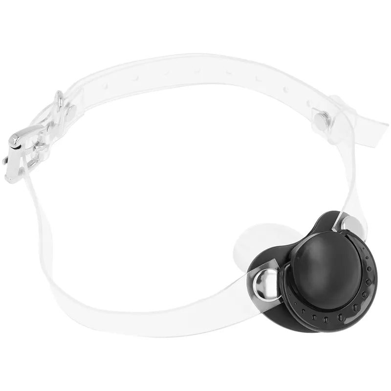Bâillon factice transparent sans phtalates, bretelles réglables, noir et transparent, marque OHMAMA, sécurité fétichisme.