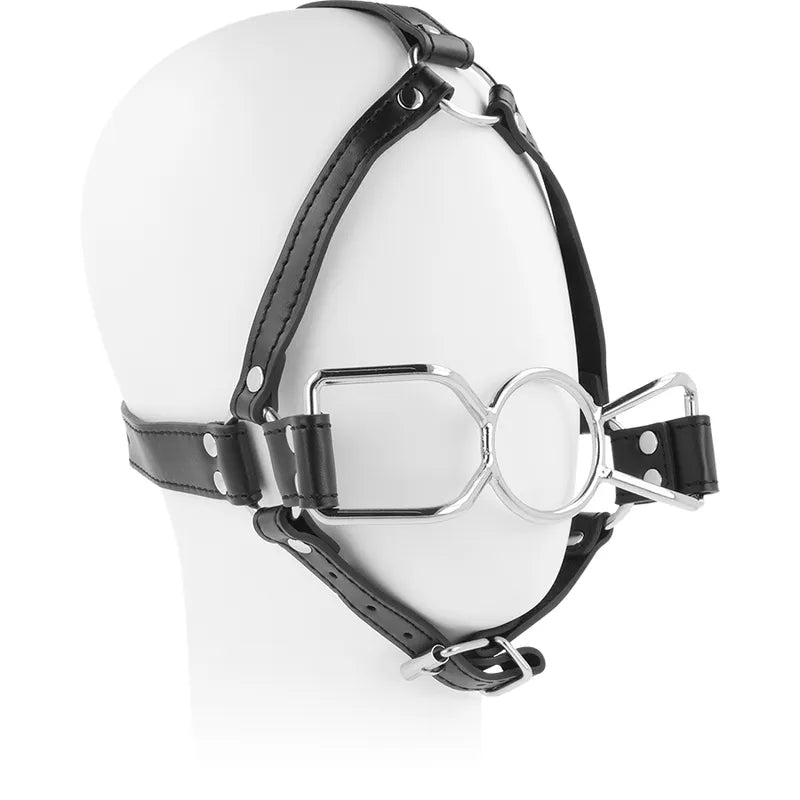 Bâillon harnais BDSM en acier inoxydable avec harnais de tête noir ajustable, robuste et confortable pour jeux fétichistes.