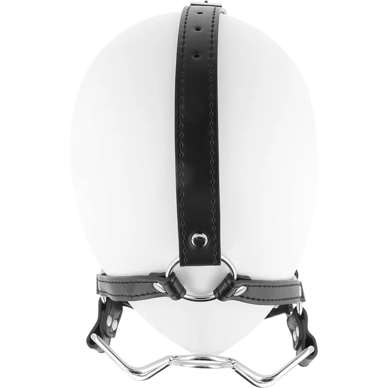 Bâillon harnais BDSM en acier inoxydable avec sangle noire ajustable, design robuste et élégant pour jeux fétichistes.